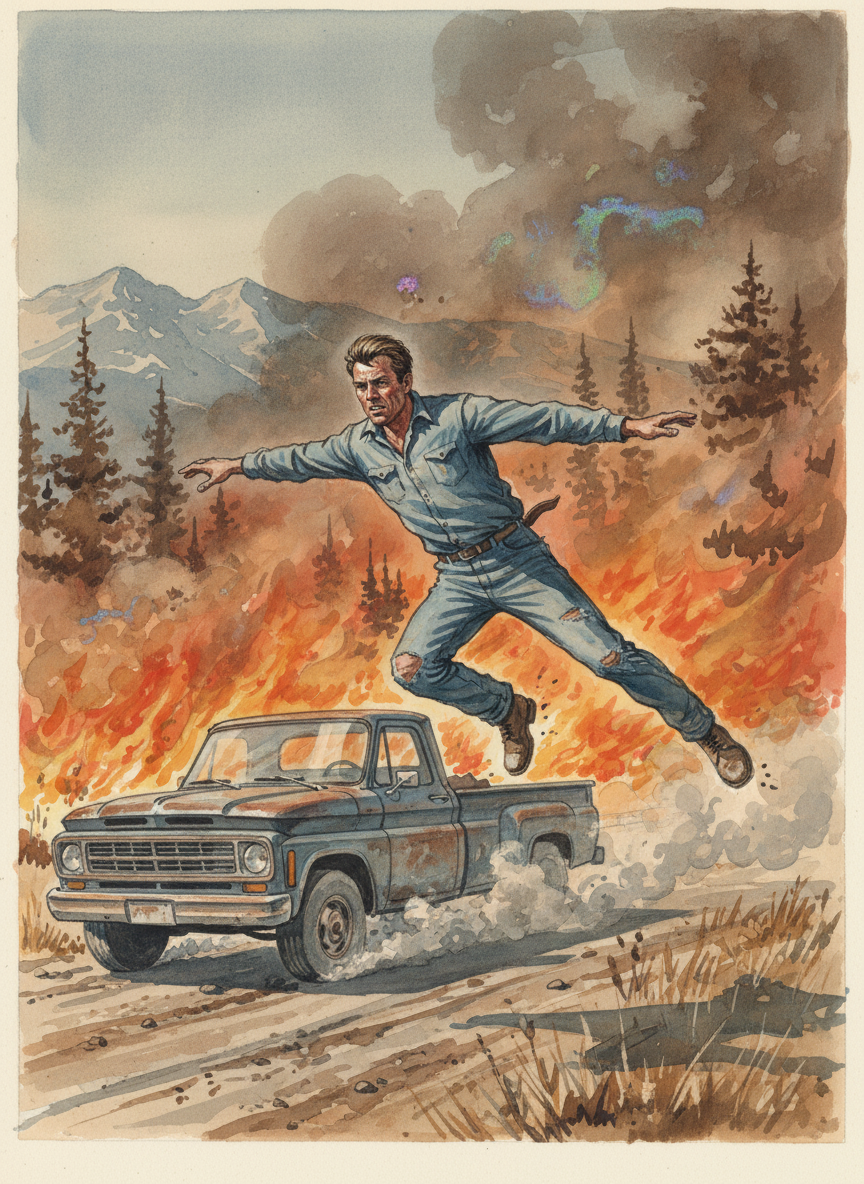 Dad jumps from the moving truck, hits the ground hard and rolls, then runs back toward the brushfire, which has spread wider and grown taller.