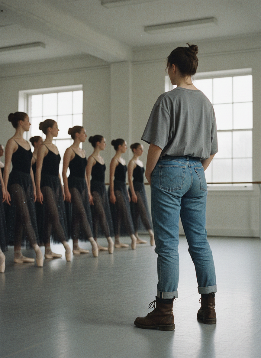 I wore jeans, a large gray T-shirt, and steel-toed boots; the other girls wore black leotards and sheer, shimmering skirts, white tights and tiny ballet shoes the color of taffy.