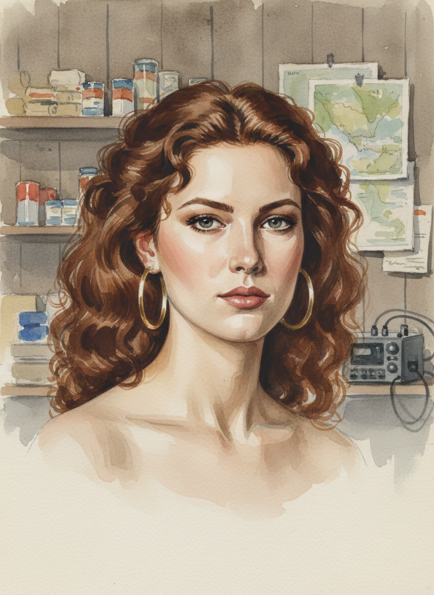 Her makeup was flawless and gold hoops flashed through chestnut curls.