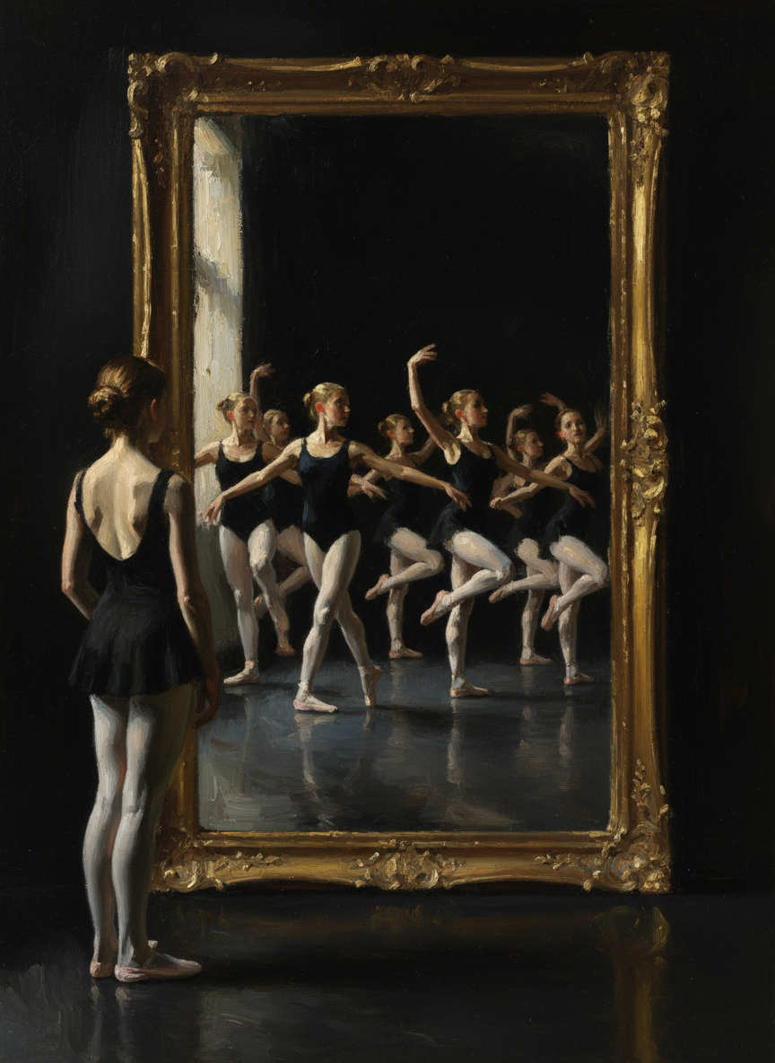 I looked in the mirror at our reflection, at the twelve girls, sleek and shiny, pirouetting blurs of black, white and pink.