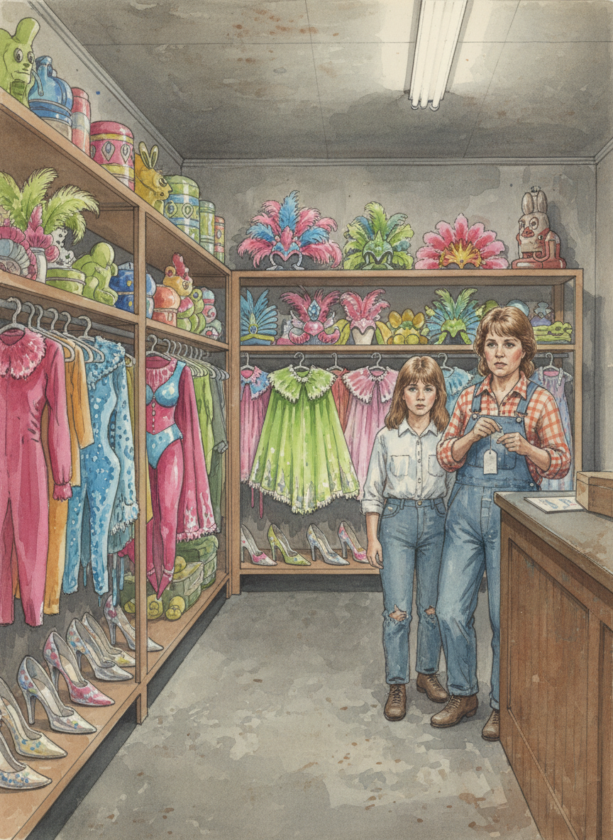 A few days later, Mother drove me forty miles to a small shop whose shelves were lined with exotic shoes and strange acrylic costumes.