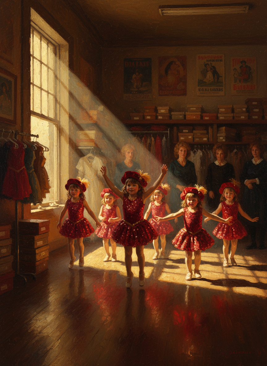 The younger class had just finished, and the store was flooded with six-year-olds, prancing for their mothers in red velvet hats and skirts sparkling with sequins of deep scarlet.
