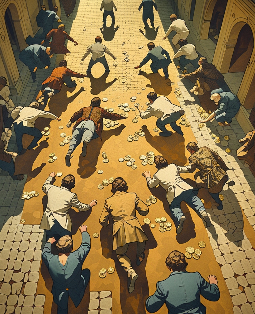 My aim was to capture the surprise and excitement of the crowds punching, kicking and strangling one another as they scrambled to grab coins off the ground, their asses jutting toward the sky.