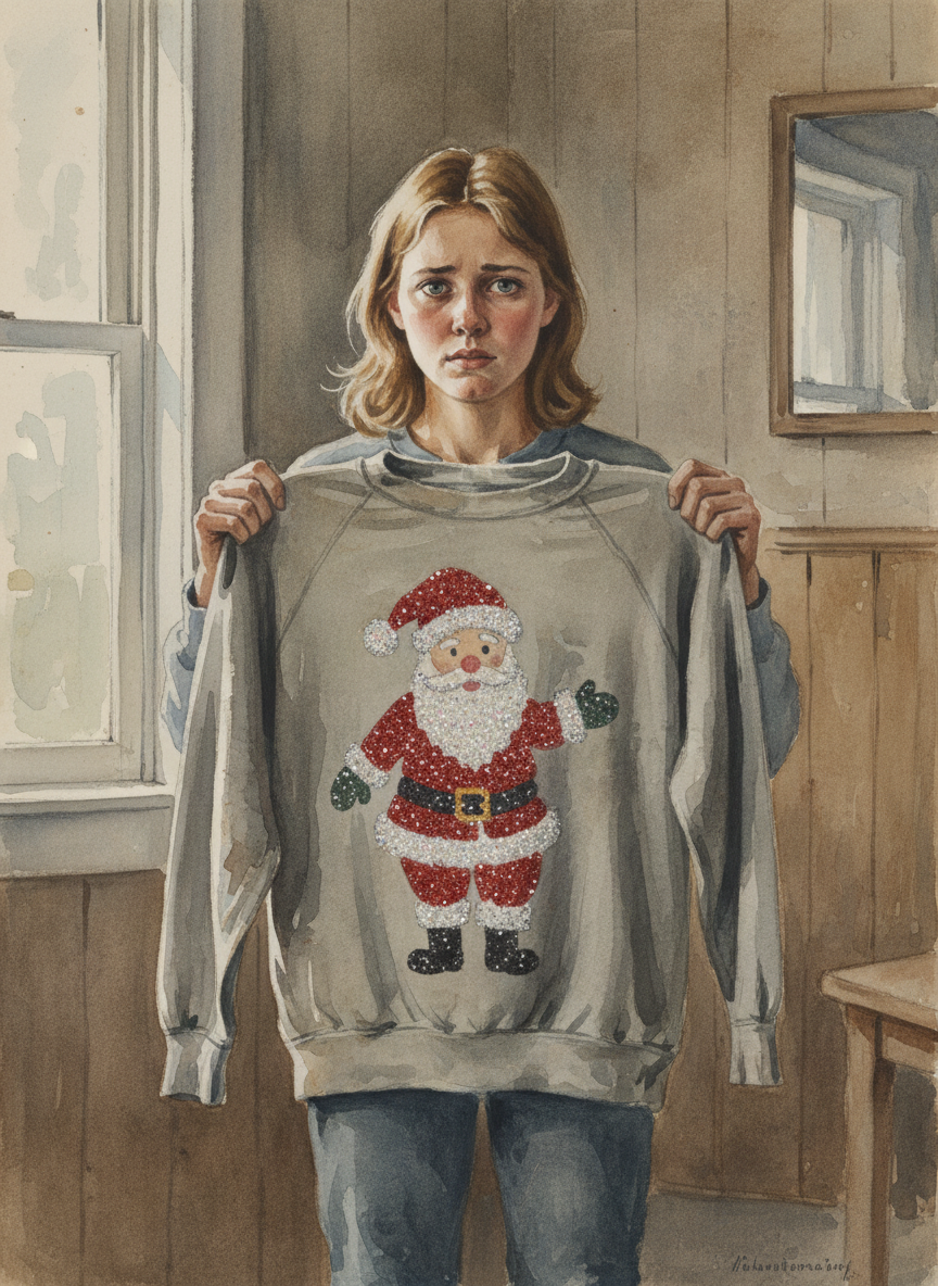 Caroline had tried to make the sweatshirts more appealing by sewing large Santas, bordered with glitter, on the fronts, but this only made the dingy cotton seem dingier.