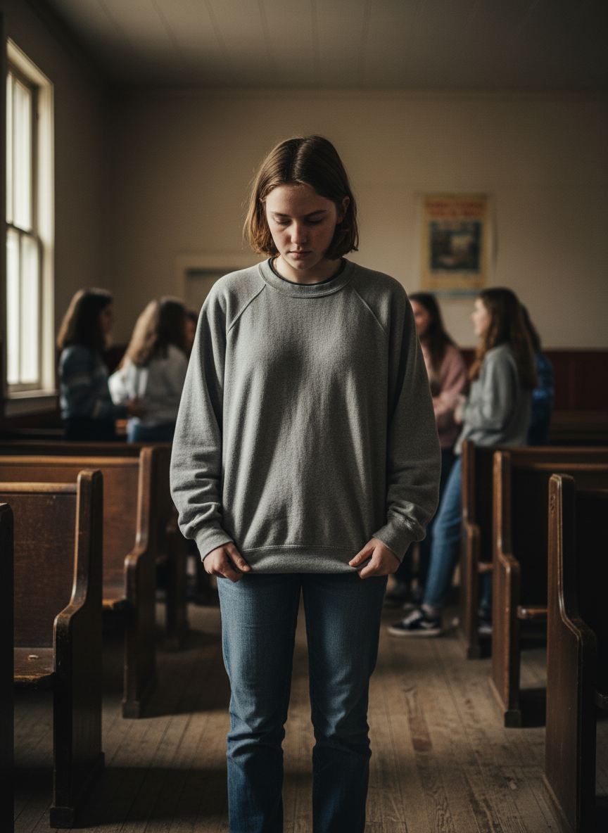 The other girls chatted cheerfully; I pulled on my sweatshirt, trying to stretch the material a few more inches.
