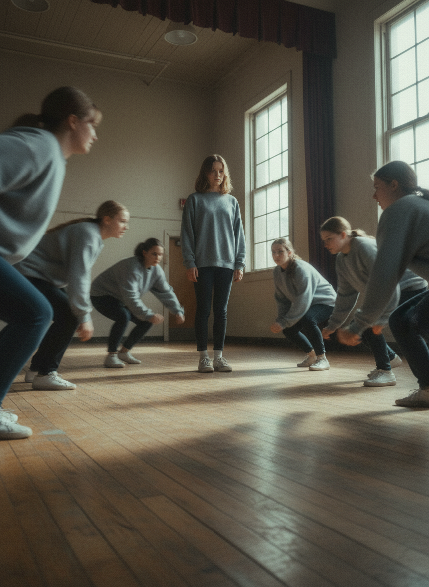 When the other girls crouched to slap the stage, I tilted; when we were to cartwheel, I swayed, refusing to allow gravity to do its work, to draw the sweatshirt any higher up my legs.