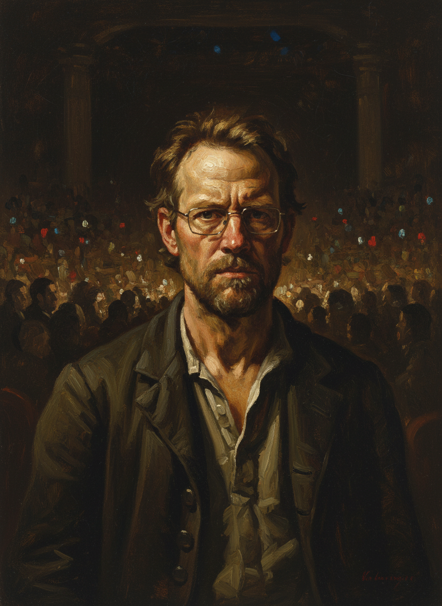 He was standing in the back, the lights from the stage flickering off his square glasses.
