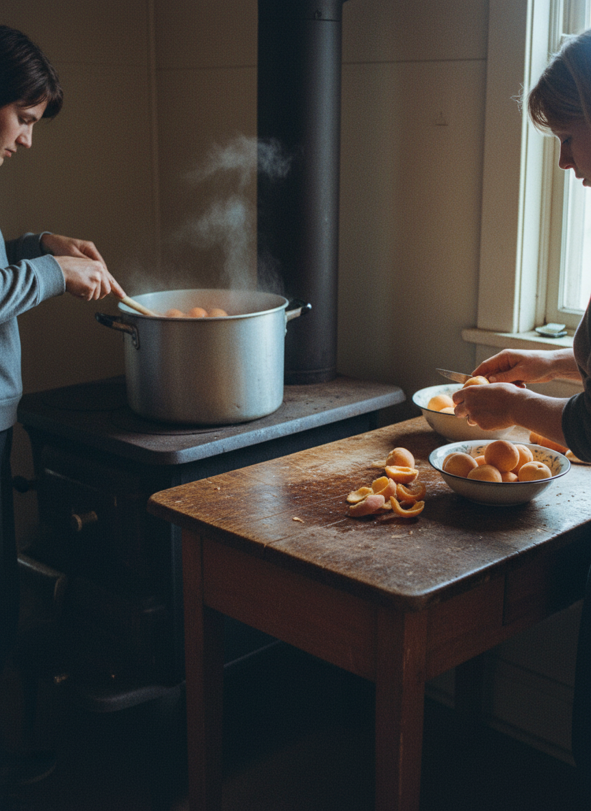Meanwhile, my family boiled and skinned peaches, pitted apricots and churned apples into sauce.