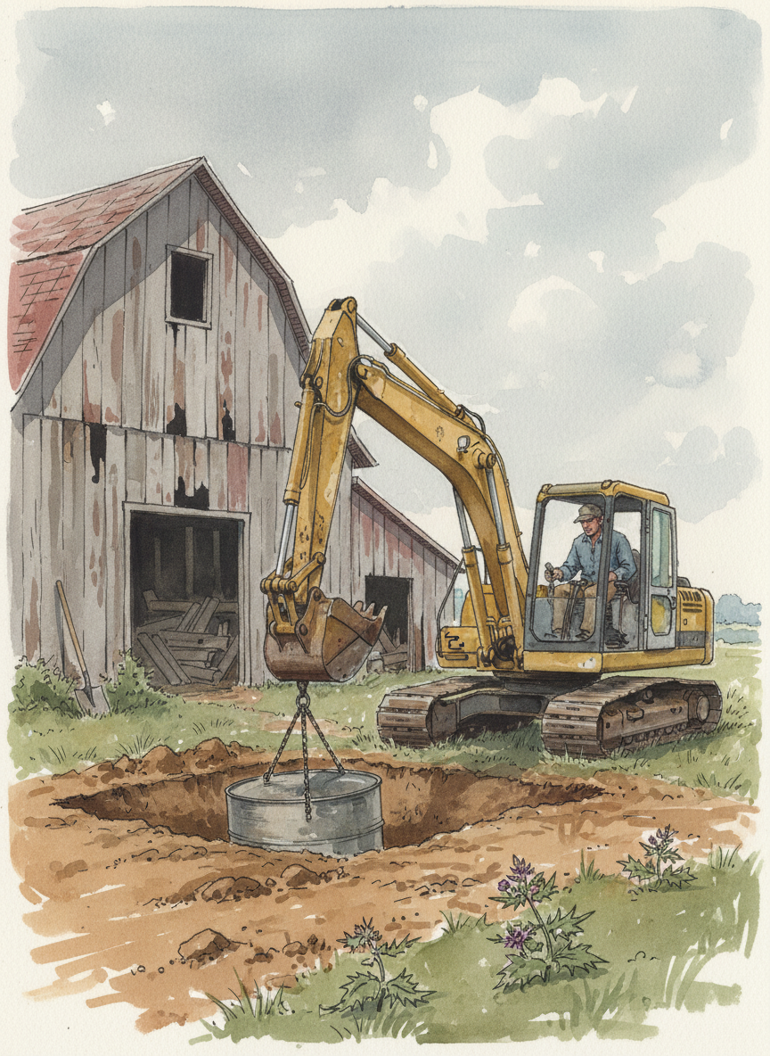 Then, using the loader, he lowered a thousand-gallon tank into the pit and buried it with a shovel, carefully planting nettles and sow thistle in the freshly tossed dirt so they would grow and conceal the tank.