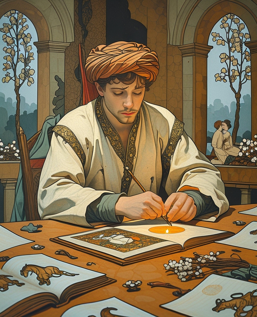 In the house where he lived alone, he’d begin working after the morning prayers and continue illustrating the same horses, cypresses, lovers, dragons and handsome princes by candlelight in the middle of the night again and again until bitter tears streamed from his eyes.