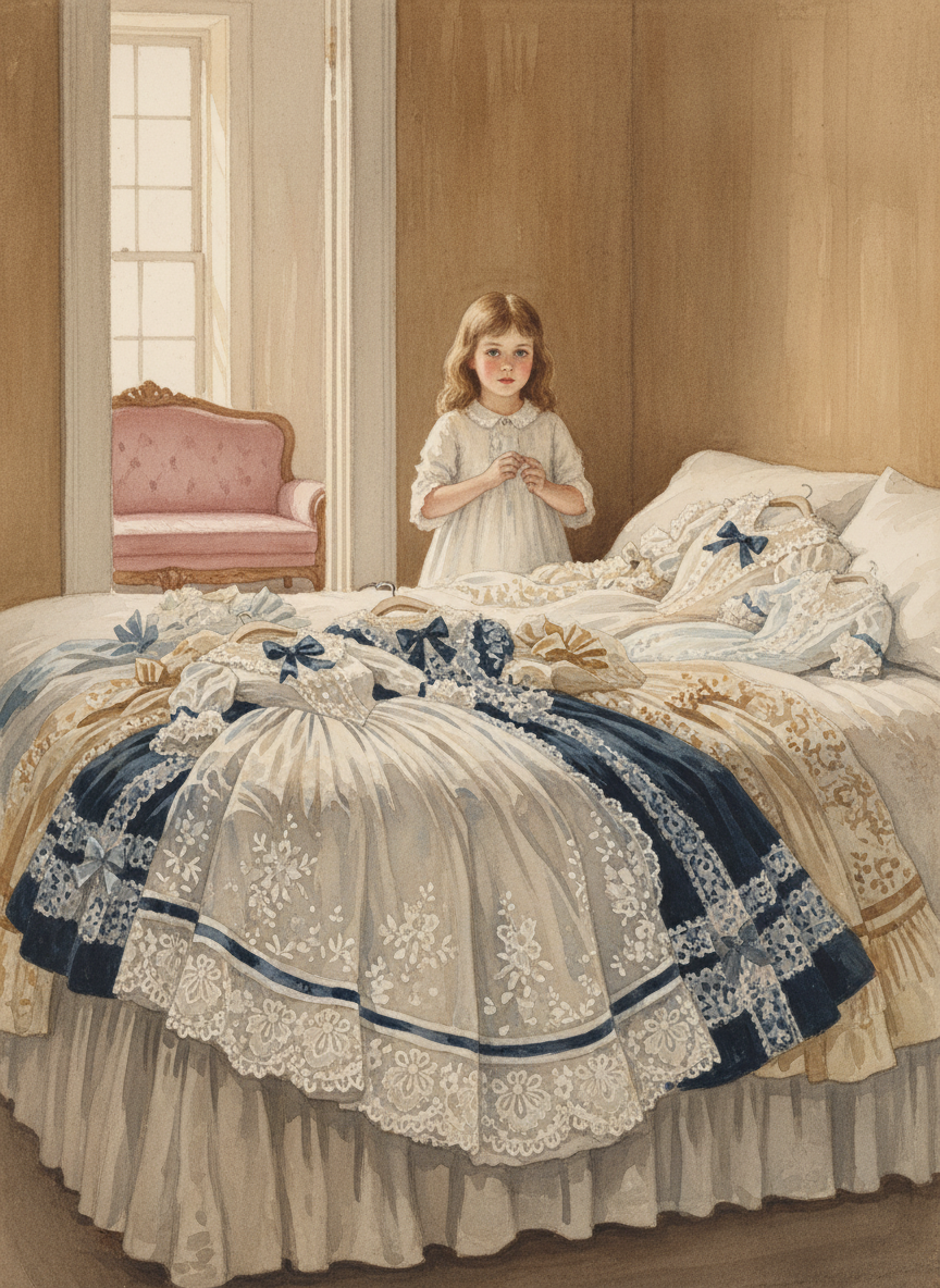 Mother waited on the pink sofa while Angie led me upstairs to her daughter’s room and laid out an armful of dresses, each so fine, with such intricate lace patterns and delicately tied bows, that at first I was afraid to touch them.