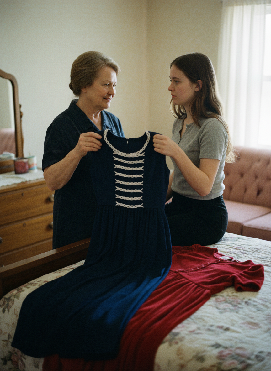 “You should take this one,” she said, passing me a navy dress with white braided cords arranged across the bodice.