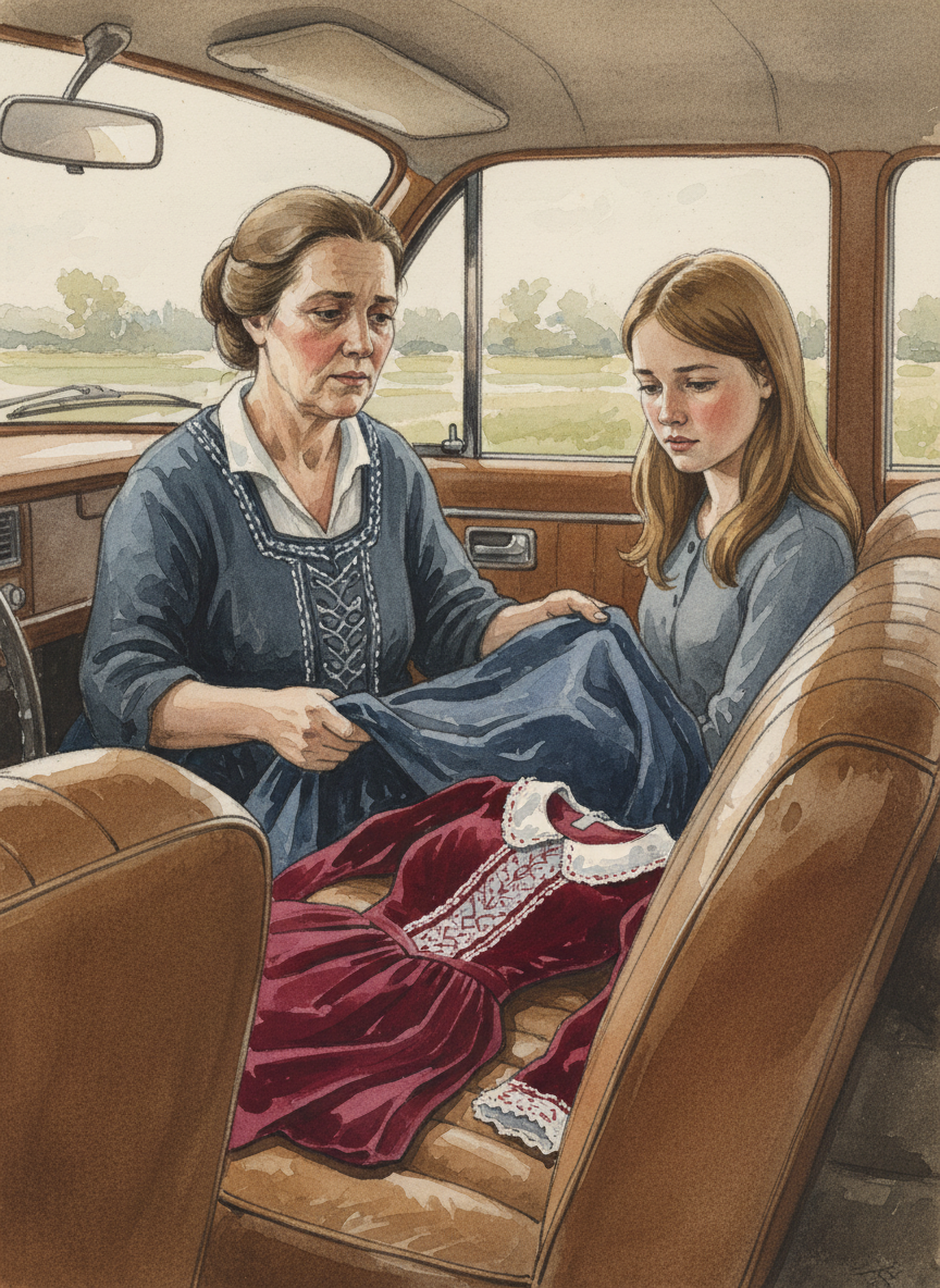 I took the dress, along with another made of red velvet collared with white lace, and Mother and I drove home.
