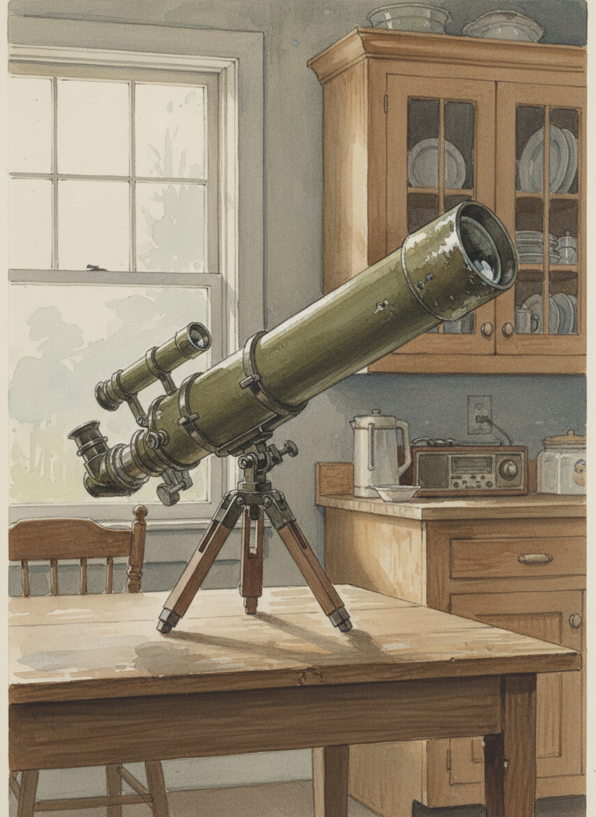 It took more than an hour, and when they’d finished they stood back, revealing what looked like an enormous military-green telescope, with its long barrel set firmly atop a short, broad tripod.