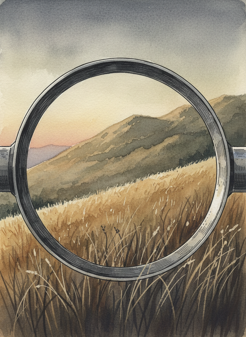 I peered through the scope, searching the mountainside, fixing distant stalks of wheat between its crosshairs.