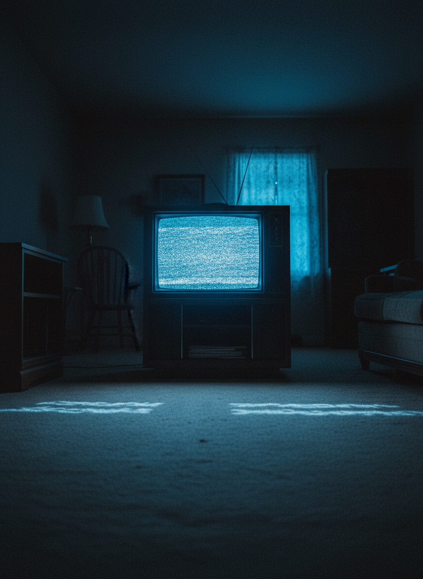 The TV was still buzzing, its lights dancing across the carpet.