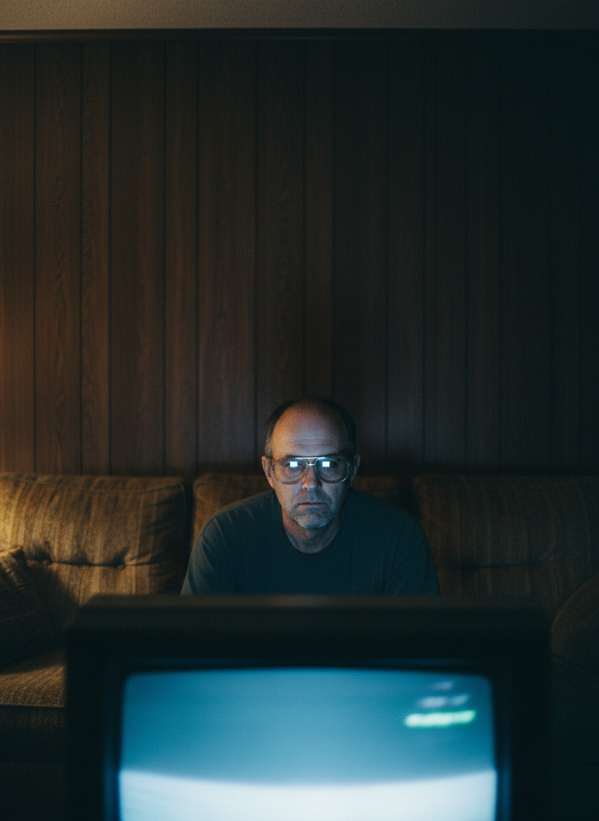 I glimpsed Dad as I left, his face frozen in the dark, the light from the TV leaping across his square glasses.