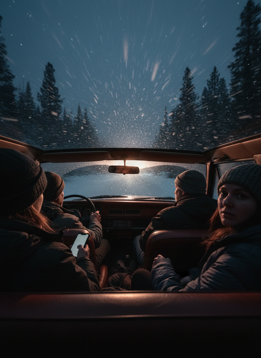 It’s three in the morning, and we are making our way from southern to northern Utah, when the weather changes from the dry chill of the desert to the freezing gales of an alpine winter.