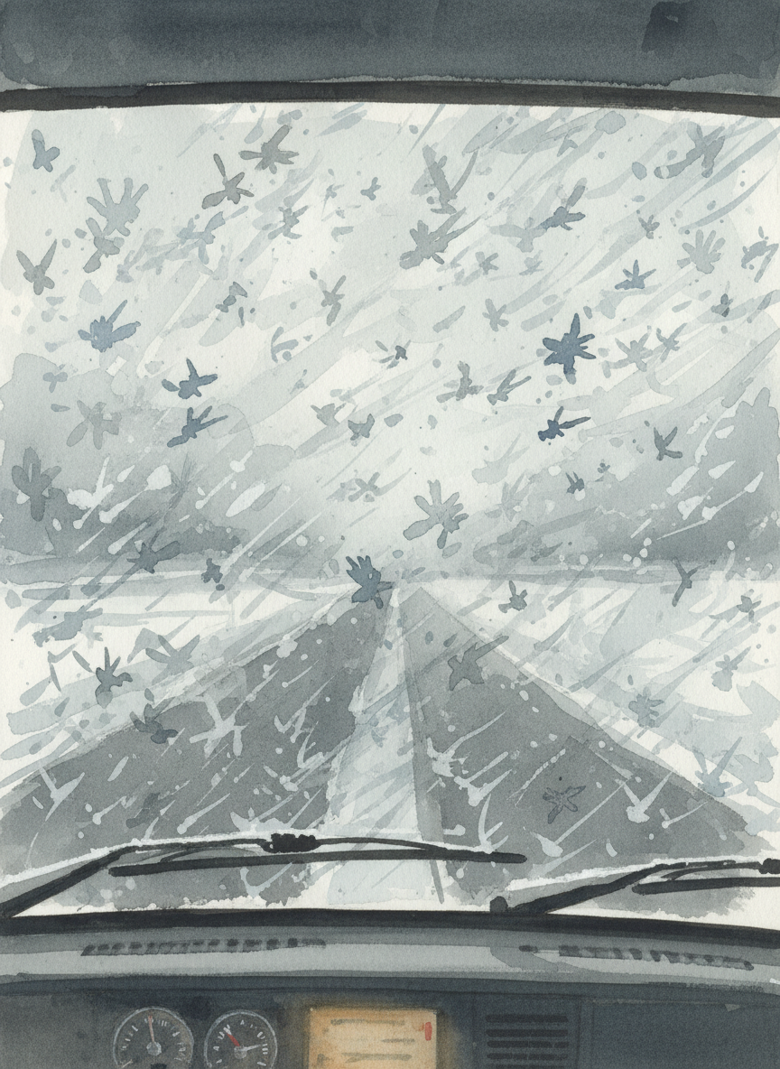 Snowflakes flick against the windshield like tiny insects, a few at first, then so many the road disappears.