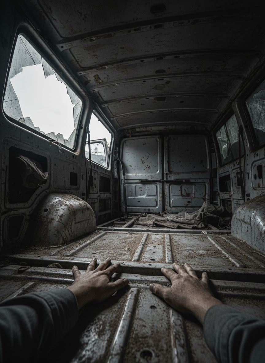 I tried to kick it off but couldn’t, so I crawled beneath it, my hands and knees pressing into the ceiling of the van, which was upside down.