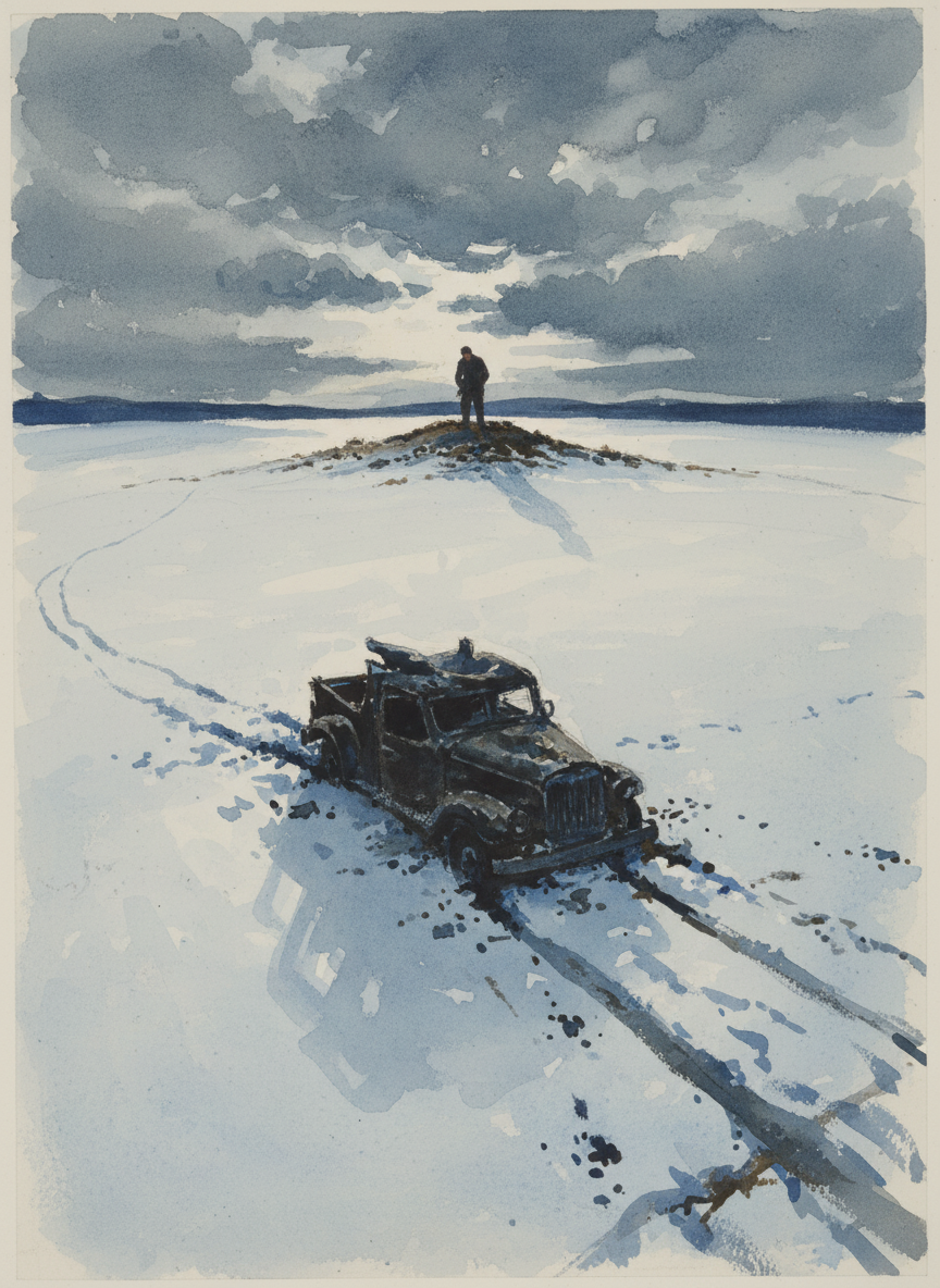 I circled the wreck twice before I spied Dad’s hunched silhouette on a hillock in the distance.