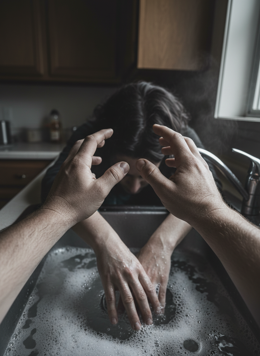 My hands are in the hot, soapy water when I hear a step behind me and feel thick, callused hands wrap around my skull.