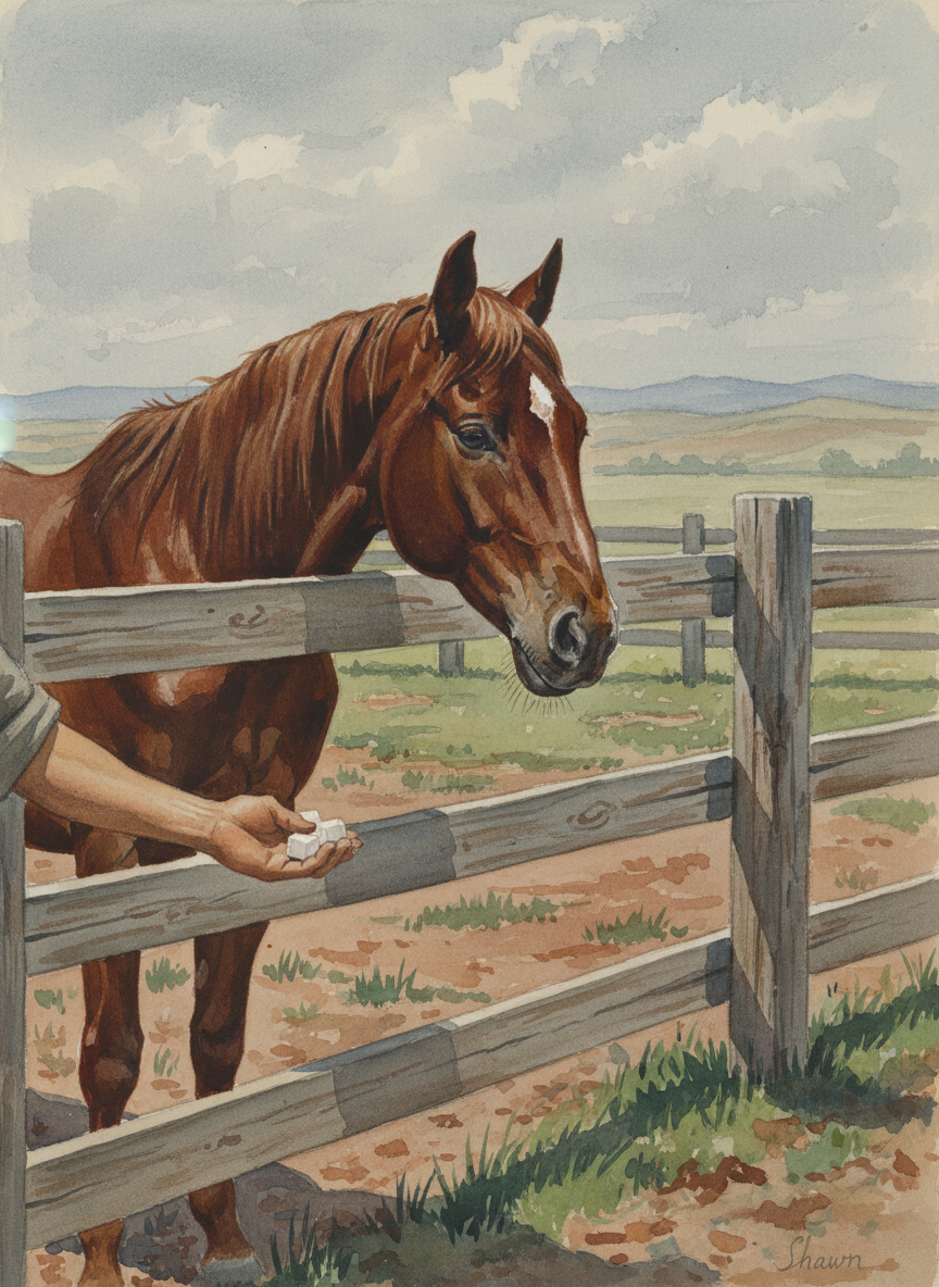 The first domesticated horse I ever saw was a bay gelding, and it was standing next to the corral, nibbling sugar cubes from Shawn’s hand.