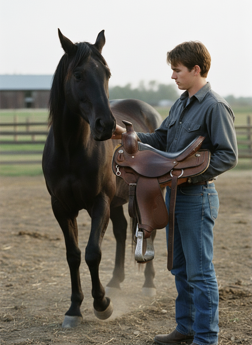 The Yearling pawed the dirt nervously when he saw it; Shawn moved slowly, letting him smell the stirrups and nibble curiously at the horn.