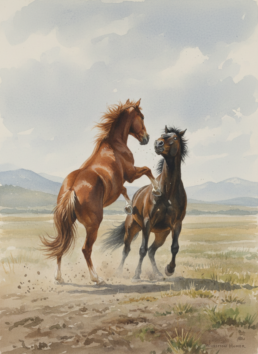 She didn’t like having the gelding behind her, and with no warning she leapt forward, thrusting her weight onto her front legs, and with her hind legs kicked Bud full in the chest.