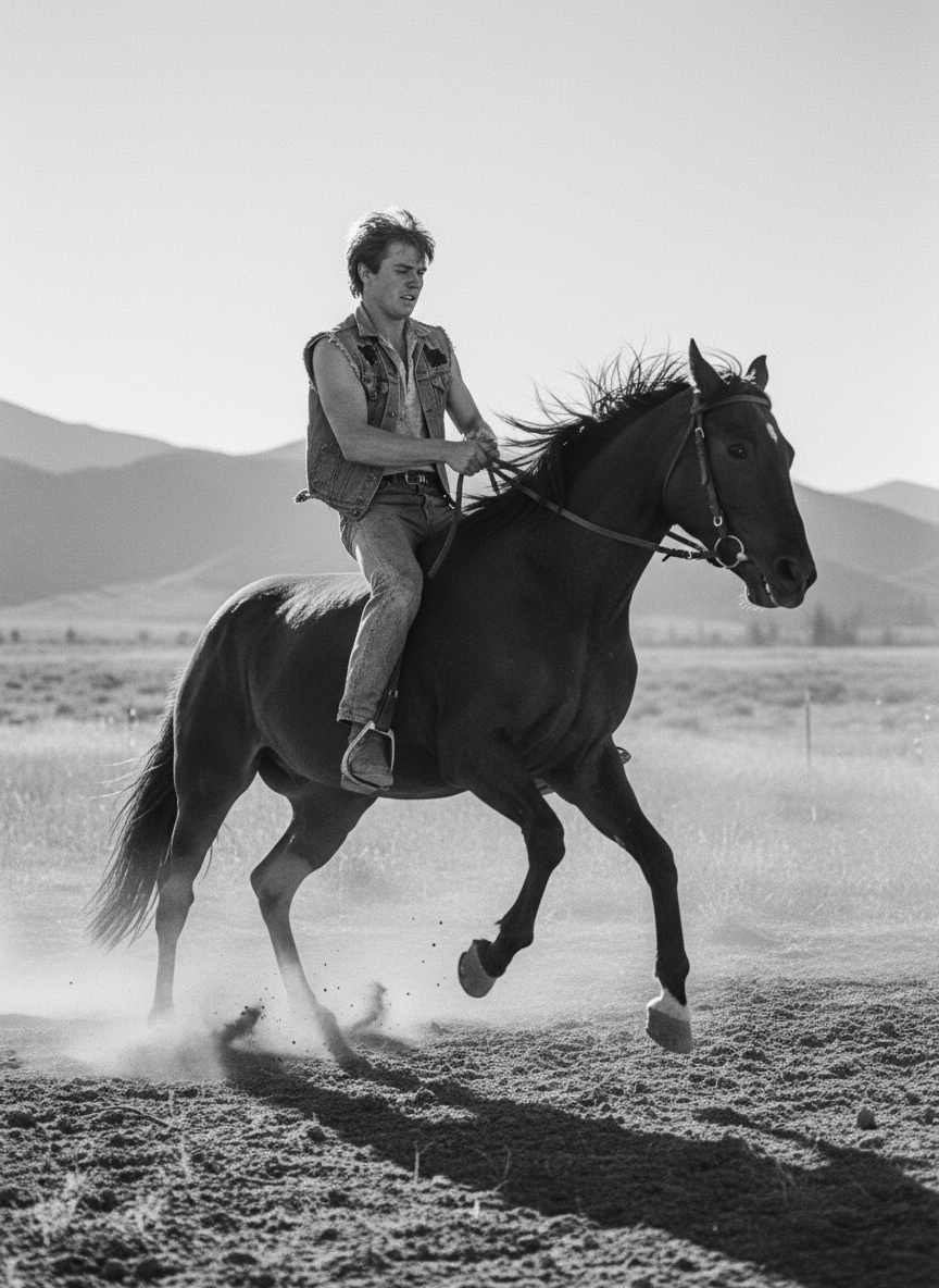 The mare wouldn’t even understand the command when he shouted, “Giddy-yap!”; at the jab of his boot in her gut, which she’d never felt before, she would rear, twisting wildly.