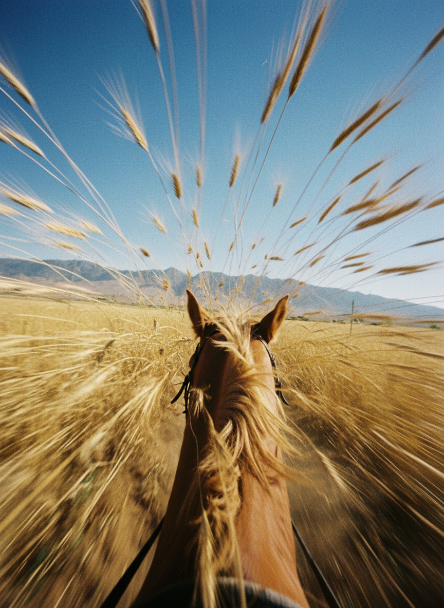 Golden wheat flew in every direction, while the blue sky and the mountain lurched absurdly.
