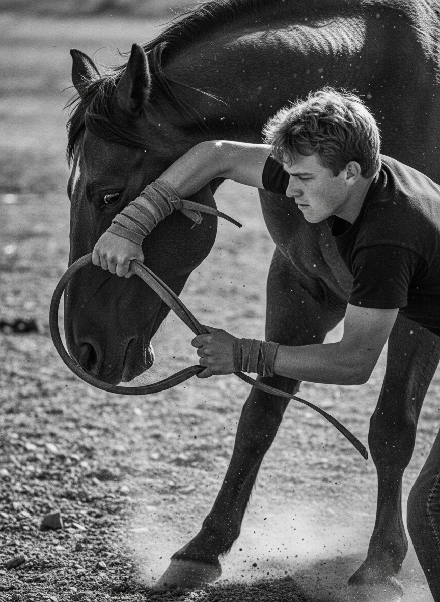 He pulled her head tighter on every pass, wrapping the strap around his forearm, shrinking the circle until it was so small, the pounding hooves stood still.