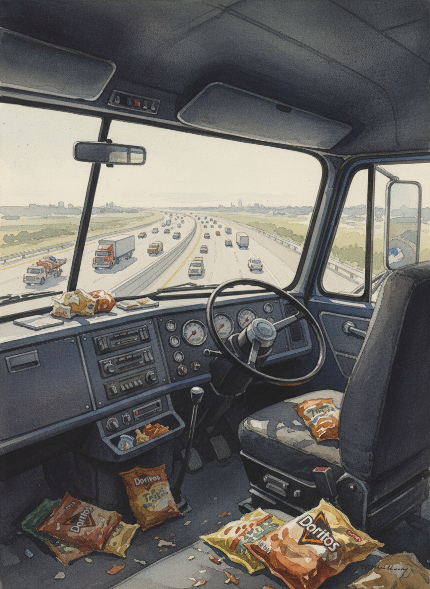 The windshield was enormous and elevated like a cockpit, which made the cars below seem like toys.