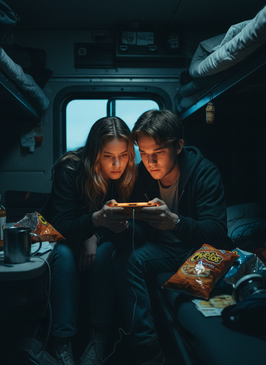 We were outside the city—there was nothing but a truck stop and red sand stretching out in all directions—so we ate Cheetos and played Mario Kart in the sleeper.