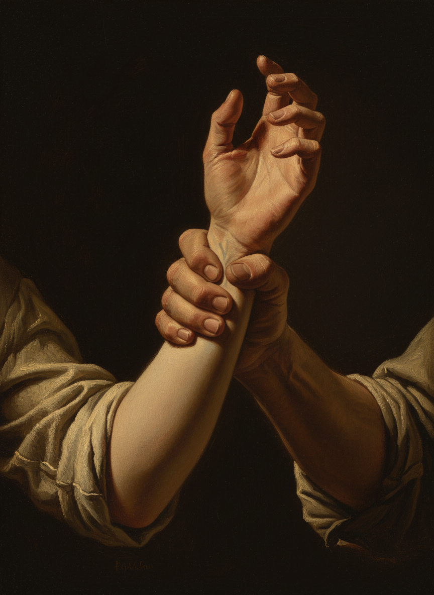 He grabbed my wrist and folded it, bending my fingers downward so they reached uncomfortably toward the inside of my forearm.