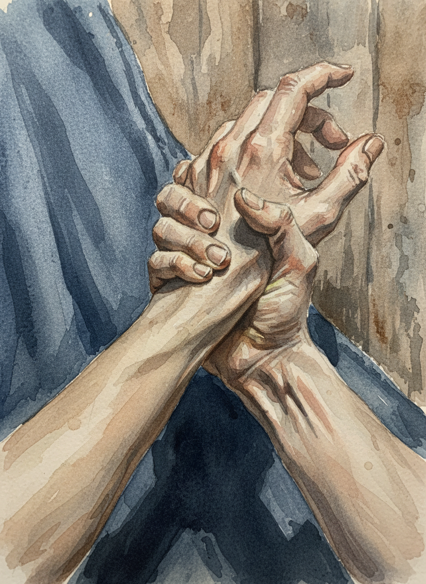 I folded his wrist onto itself and squeezed hard, trying to get his upper body to collapse the way mine had.