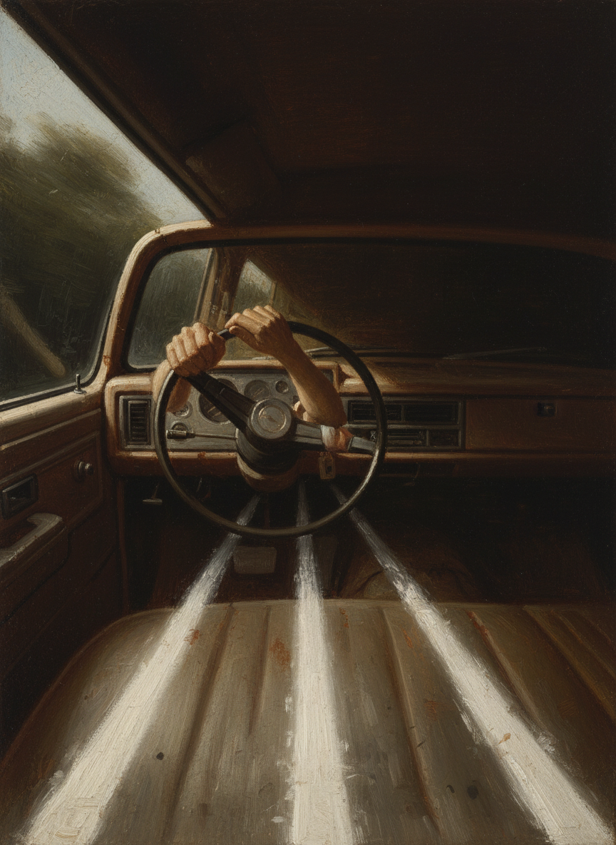 We climbed into the truck, picked up a new load and drove for another two days, watching the white lines disappear hypnotically beneath the hood, which was the color of bone.