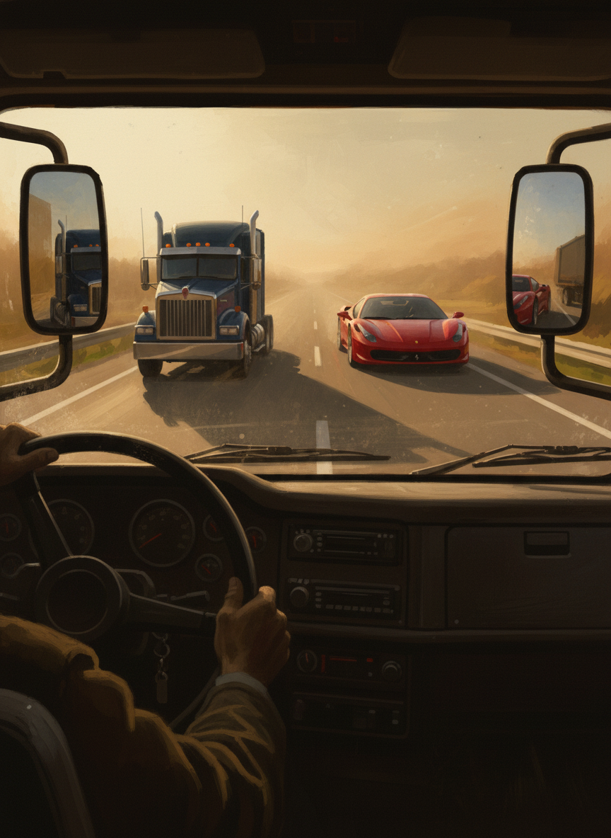 When the Ferrari appeared, multiplied in our many mirrors, Shawn shifted into high gear, revving the engine and pulling beside the Kenworth so that the two fifty-foot trailers were running side by side, blocking both lanes.