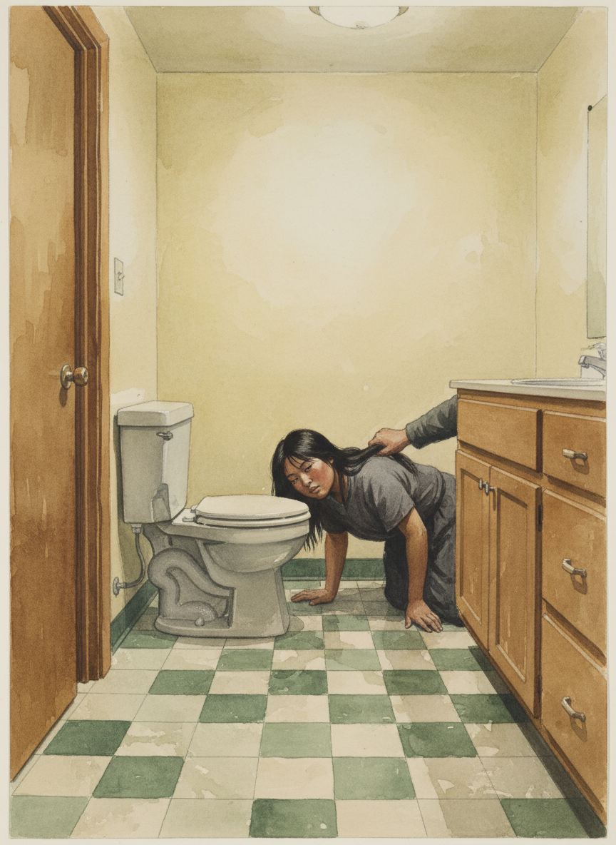 He grabbed a fistful of my hair, a large clump, his grip fixed near the root to give him greater leverage, and dragged me into the bathroom.