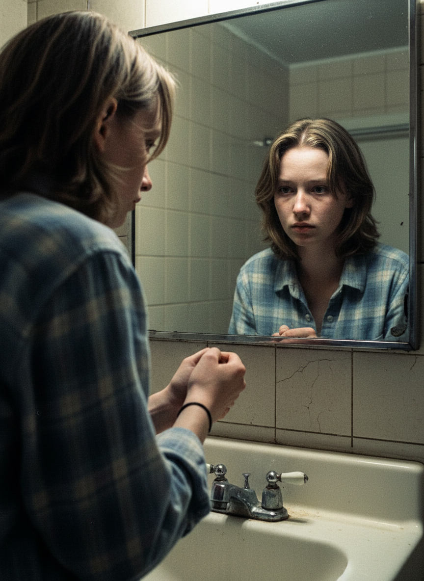 I stood and quietly locked the bathroom door, then I stared into the mirror at the girl clutching her wrist.