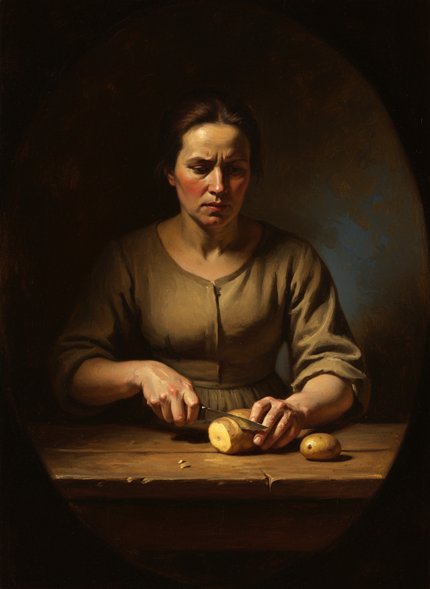 Mother made a disapproving tsk sound with her teeth, then quartered a potato.