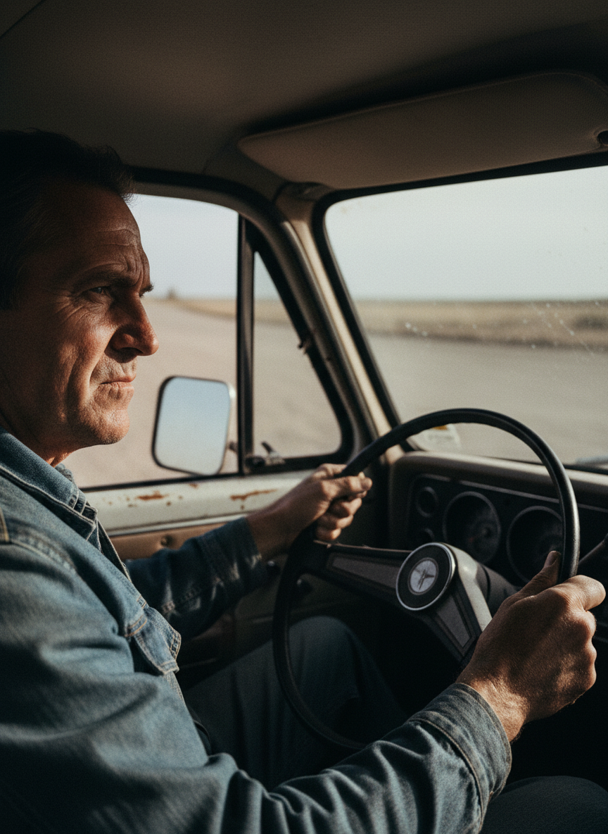 He sat behind the wheel, glaring at the road as if it had wronged him.
