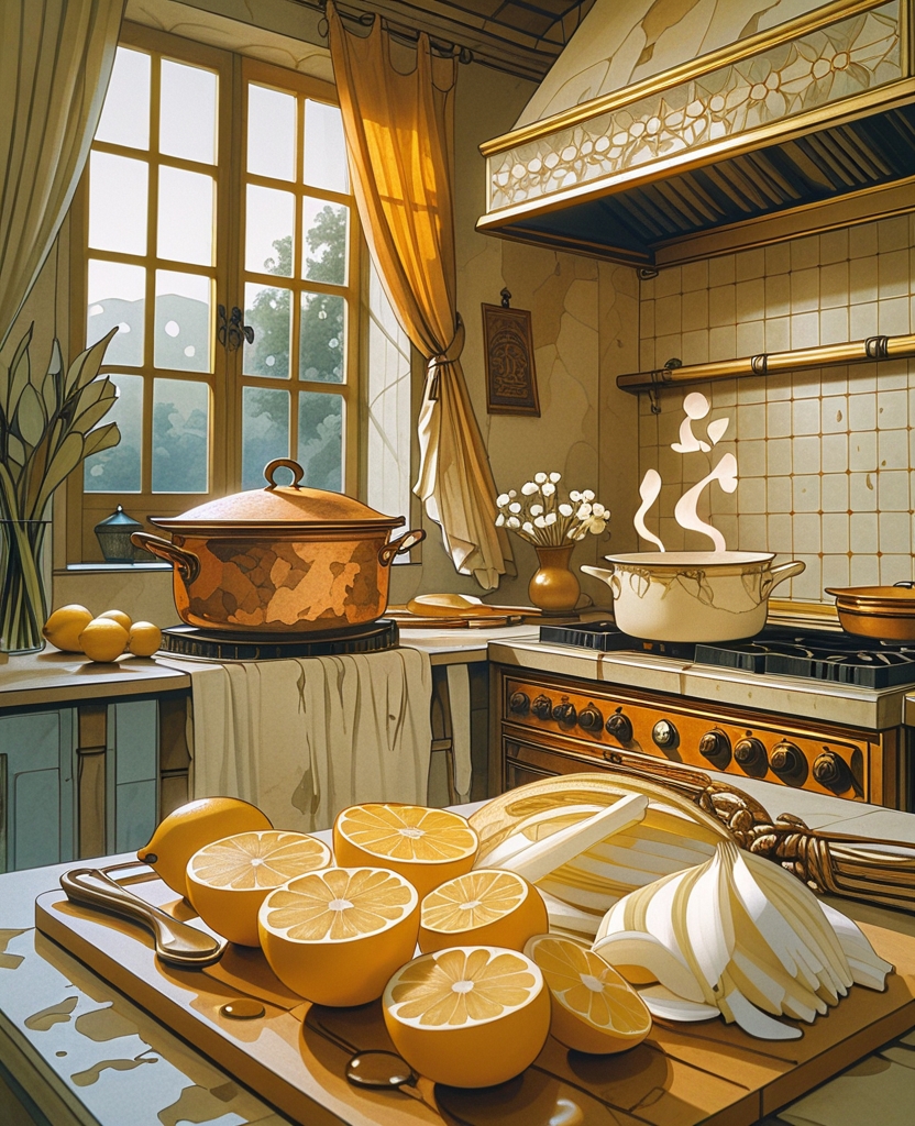 From the kitchen came the bubbling sound of boiling water and the smell of lemons and onions.
