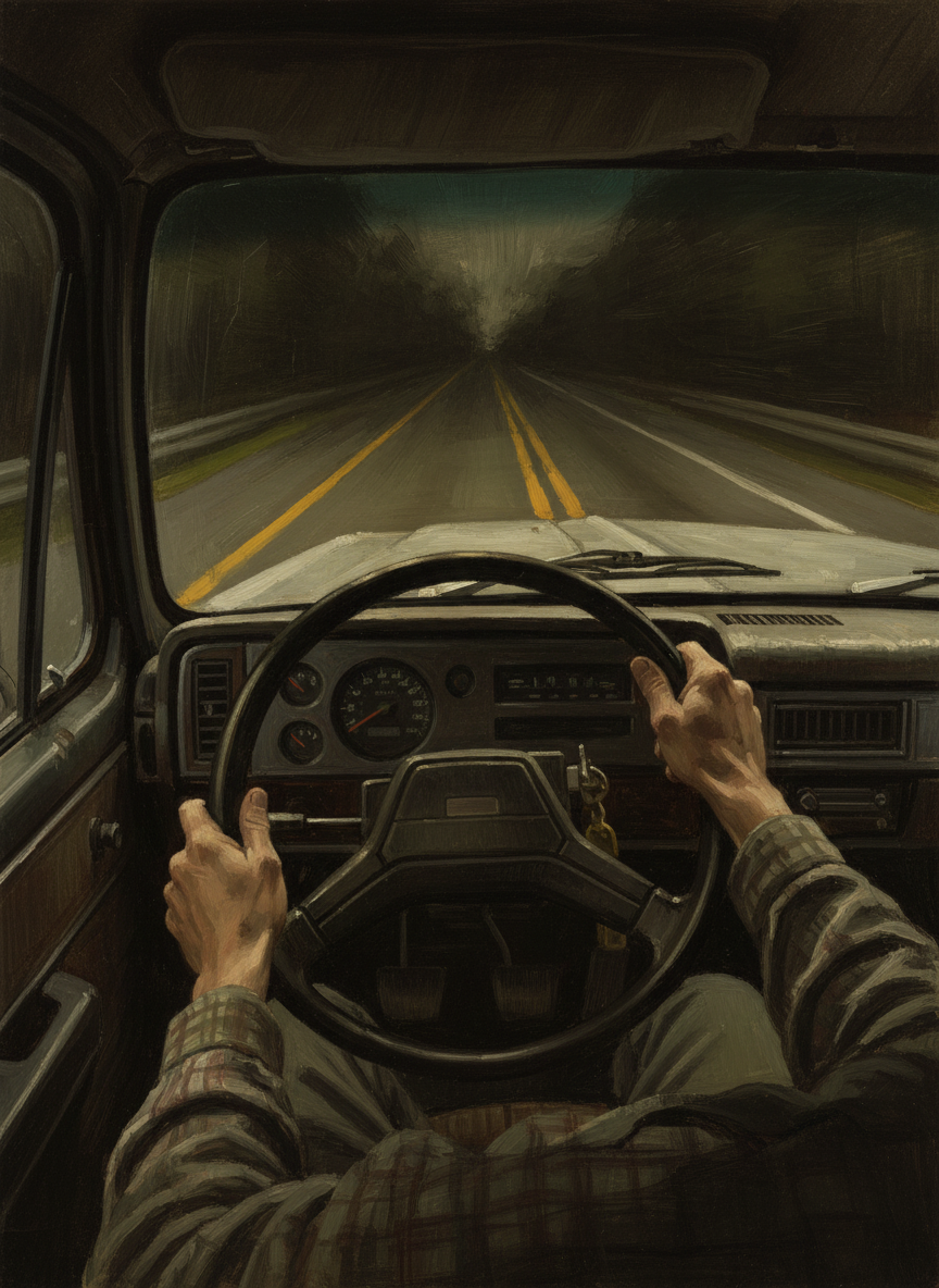 I sat in the passenger seat of his truck, listening to the engine rev as it guzzled diesel, watching the yellow lines disappear beneath the hood.