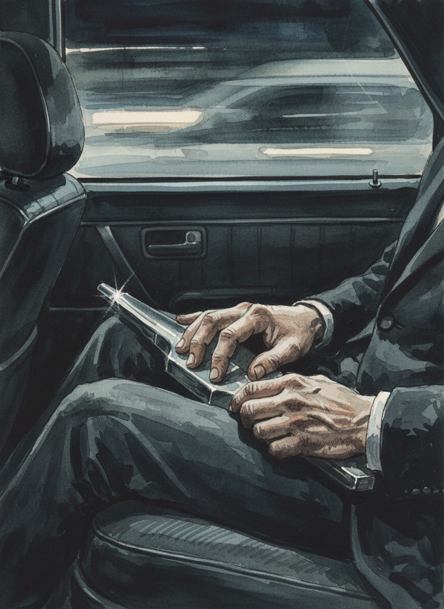 A pistol lay on the seat between us, and when he wasn’t shifting gears, Shawn pi