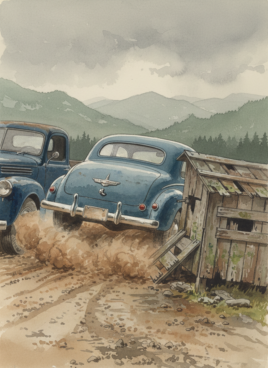 I tried to back out, but I stomped too hard on the gas and the tires spun out, sending gravel flying.
