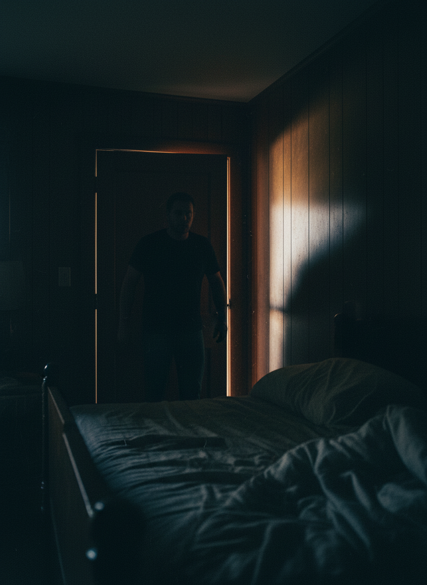 I heard the click of the lamp, saw the light leaping over the walls, and felt his weight drop onto my bed.