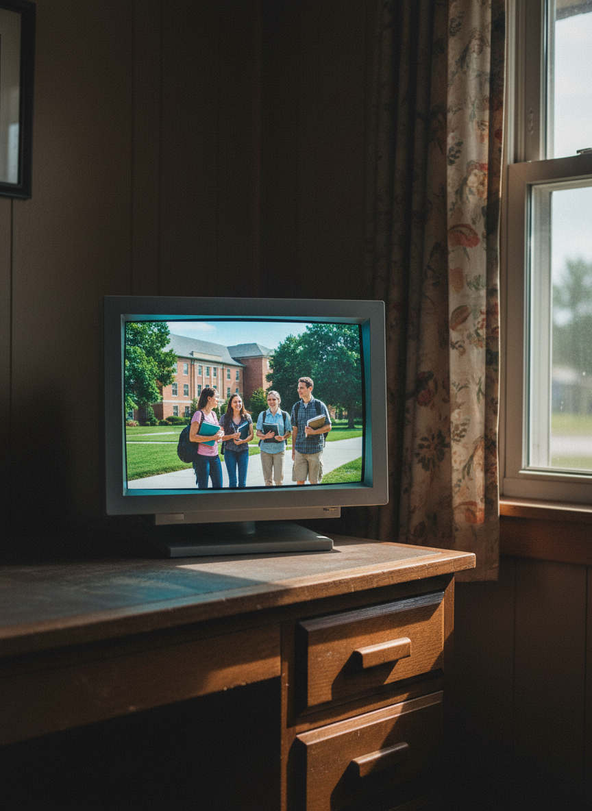 Then the screen was full of pictures—of neat brick buildings the color of sunstone surrounded by emerald trees, of beautiful people walking and laughing, with books tucked under their arms and backpacks slung over their shoulders.