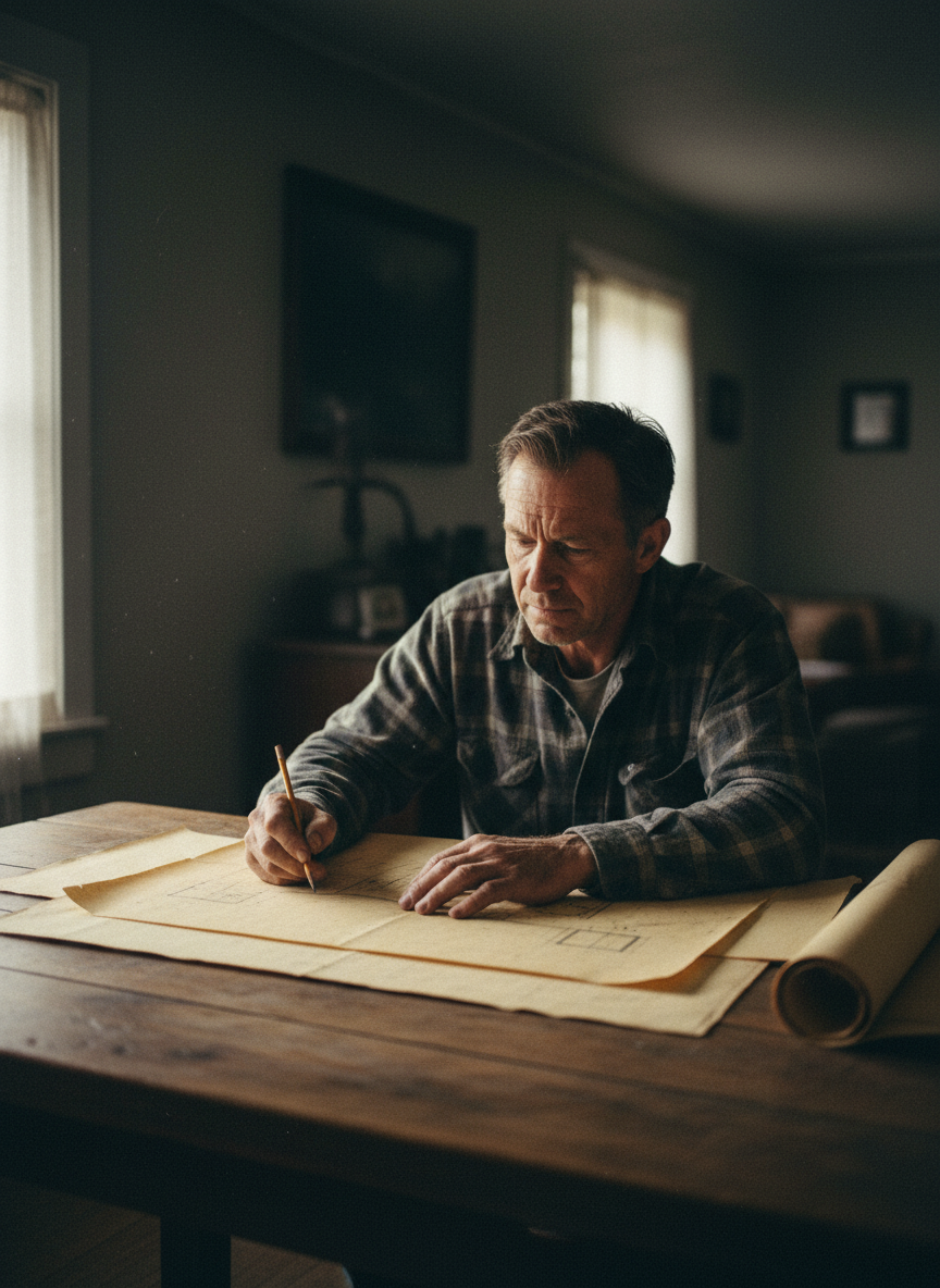 Dad was in the living room, shuffling through blueprints for the granaries and mumbling to himself.