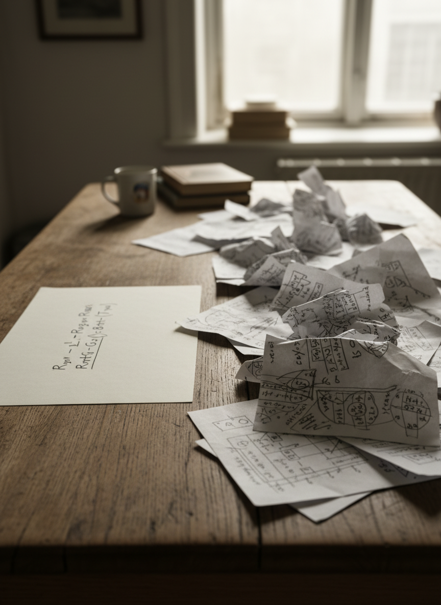 I walked back to the kitchen, comparing the clean, balanced equation to the mayhem of unfinished computations and dizzying sketches.